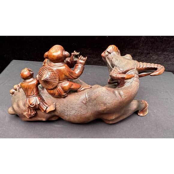 Antique Chinese Huge Hand Carved Wooden Oxen Figure  ANTIQUE CHINESE ROSEWOOD HAND CARVED XLARGE STATUE OF OX 17” LONG